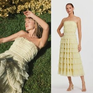 Mac Duggal NEW Buttercup Yellow Mesh Micro Ruffle Strapless Midi Dress - Size 10